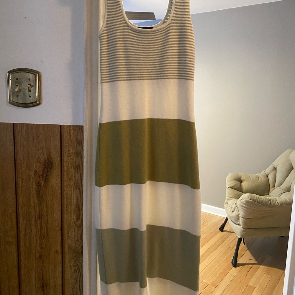 Striped Olive and Cream Sleeveless Dress
